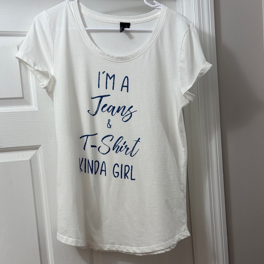 Casual White Tee with Blue Graphic Print